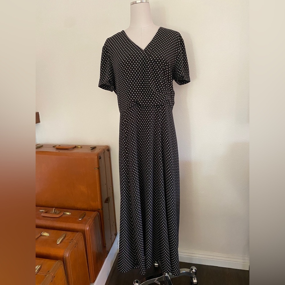 Vintage 1980s DJ Summers Navy/ Black & White Polka Dot Maxi Faux Wrap Dress 14